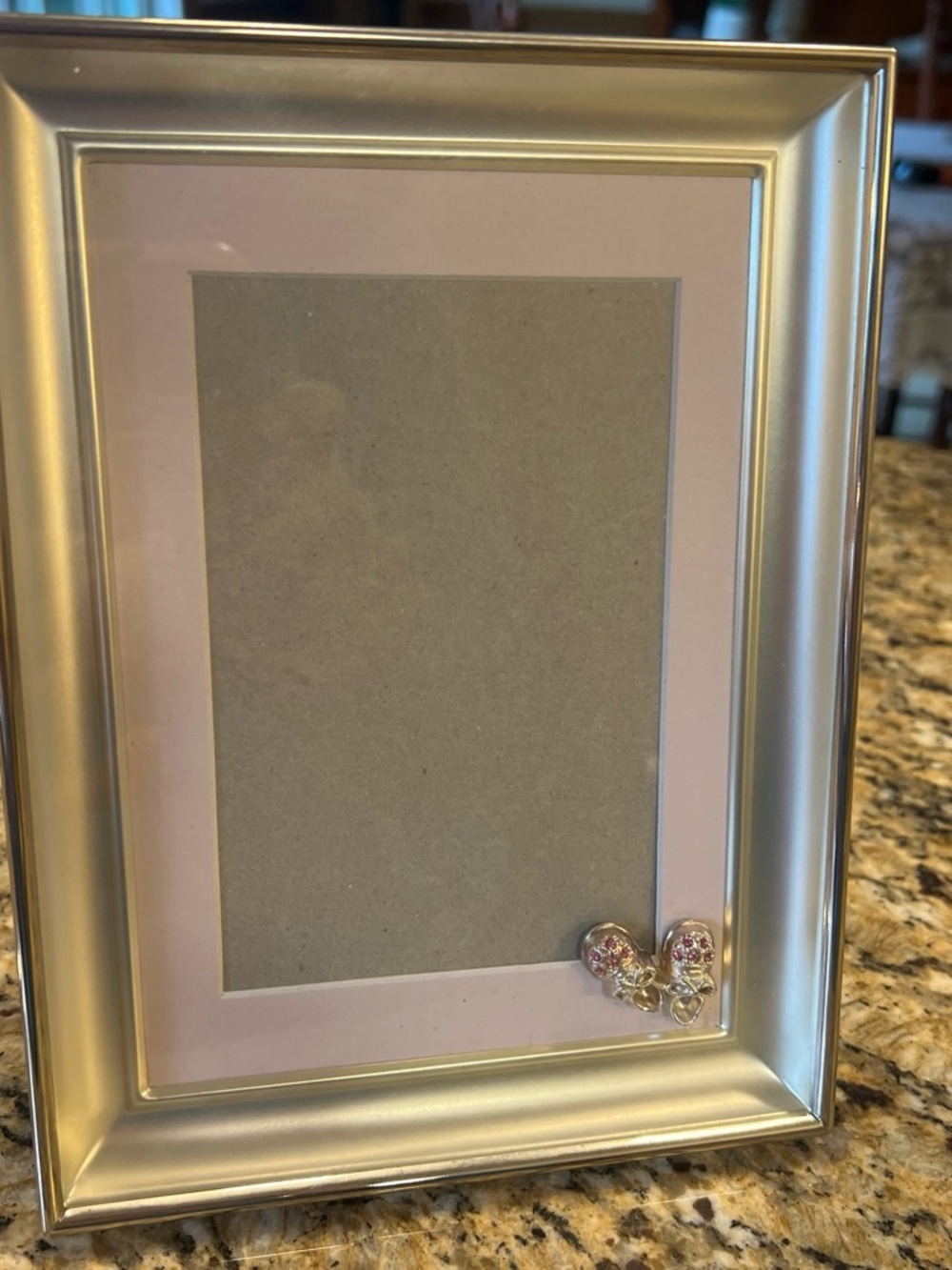 Silver Metallic Photo Frame with Pink Mat and Baby Booties